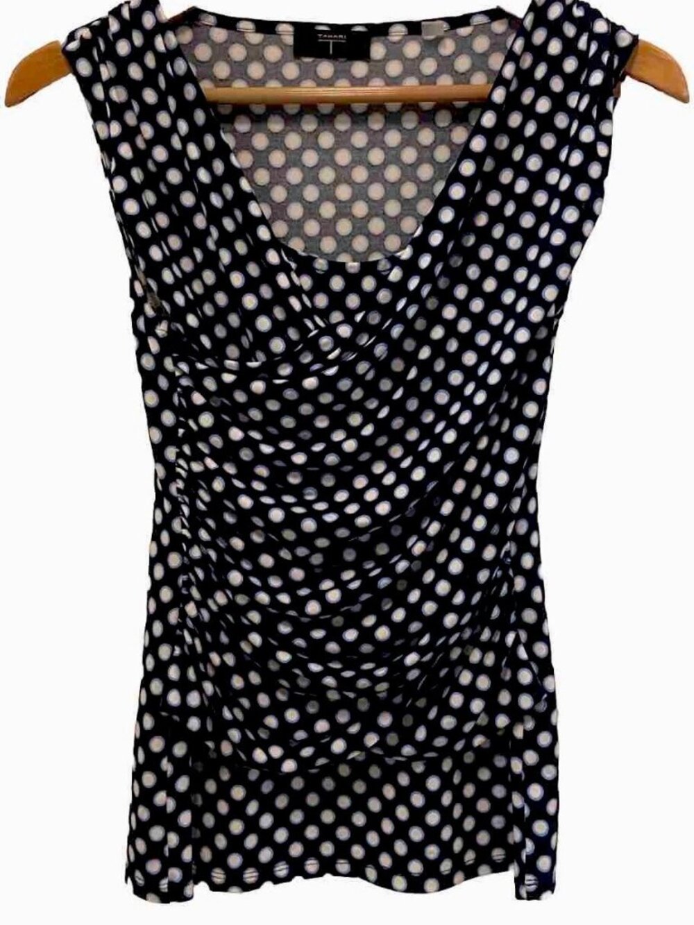 Tahari Womens Ruched Sleeveless Stretch Blue/White Polka Dot Top Size XS